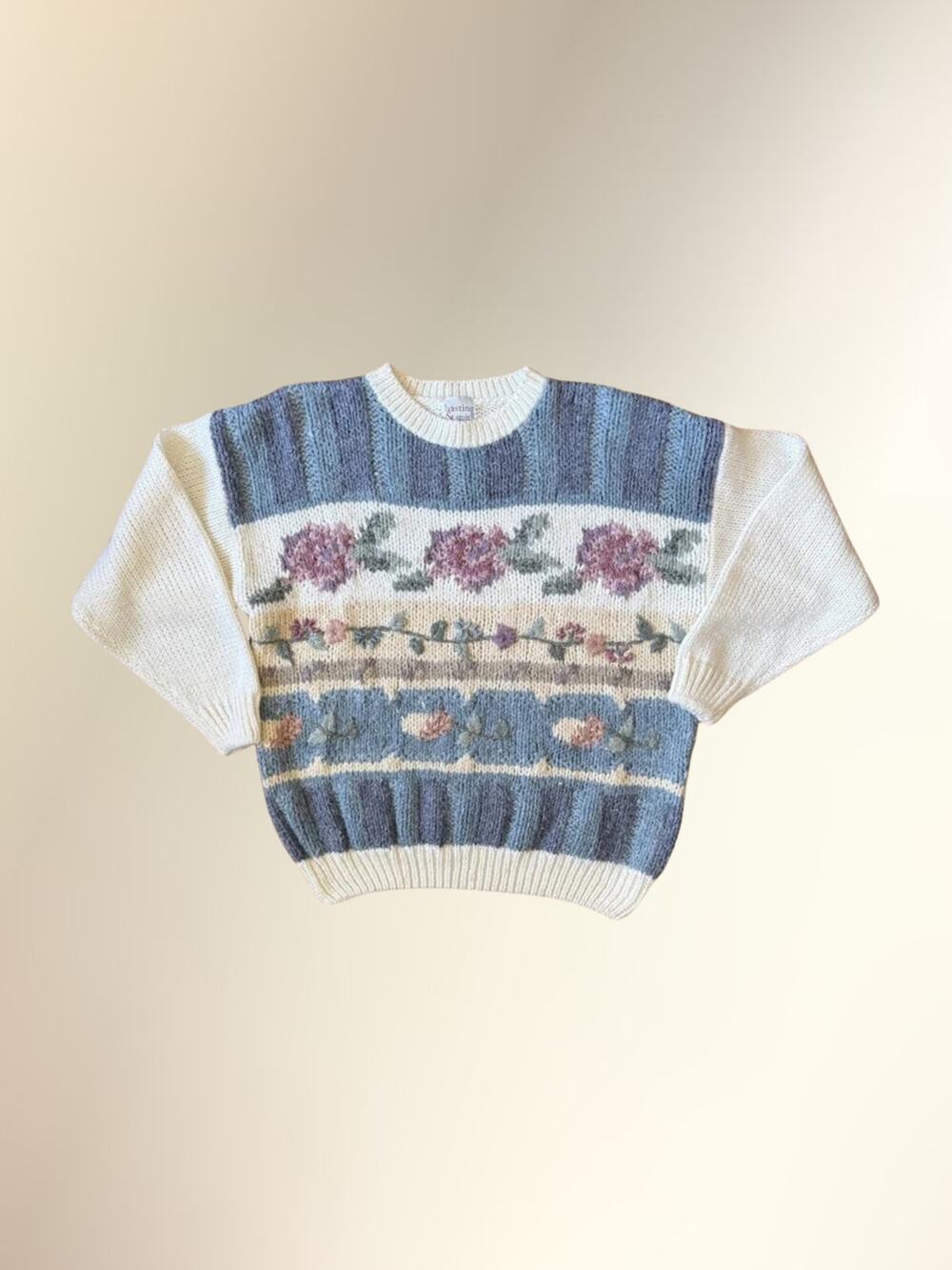 Vintage Hastings Cream Blue Floral Fair Isle Knit Granny Sweater Women's L